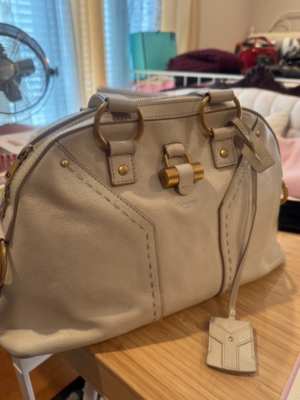 Yves Saint Laurent Cream Leather Satchel with Gold Hardware